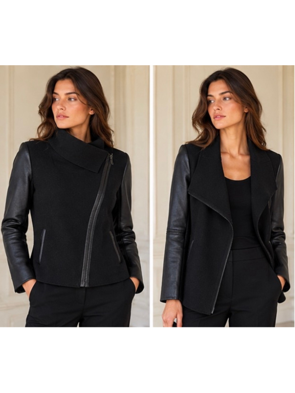 Mackage Black Lambskin Leather & Wool Blend Asymmetrical Moto Jacket Size M